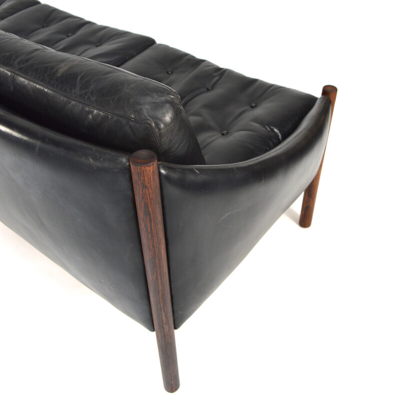 Large 3-seater sofa in rosewood and black leather - 1950s