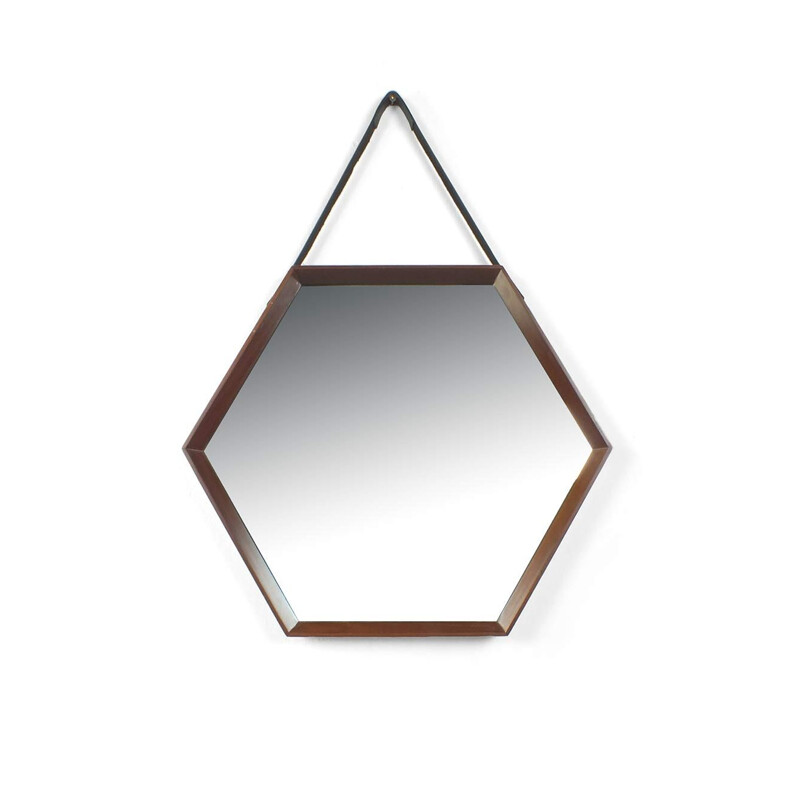 Espelho hexagonal Vintage com moldura de madeira e correia de couro Itália