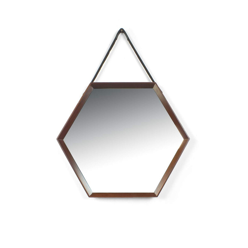 Vintage hexagonal mirror with wooden frame and leather strap Italy