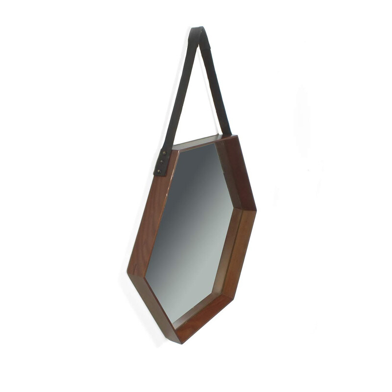 Vintage hexagonal mirror with wooden frame and leather strap Italy