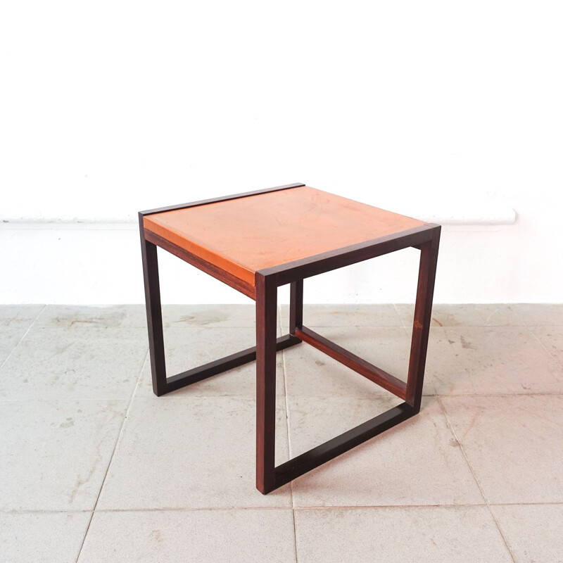 Vintage small side table in rosewood and leather Denmark 1960s
