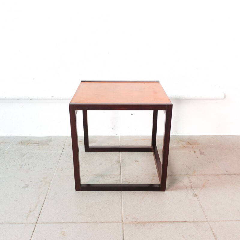 Vintage small side table in rosewood and leather Denmark 1960s
