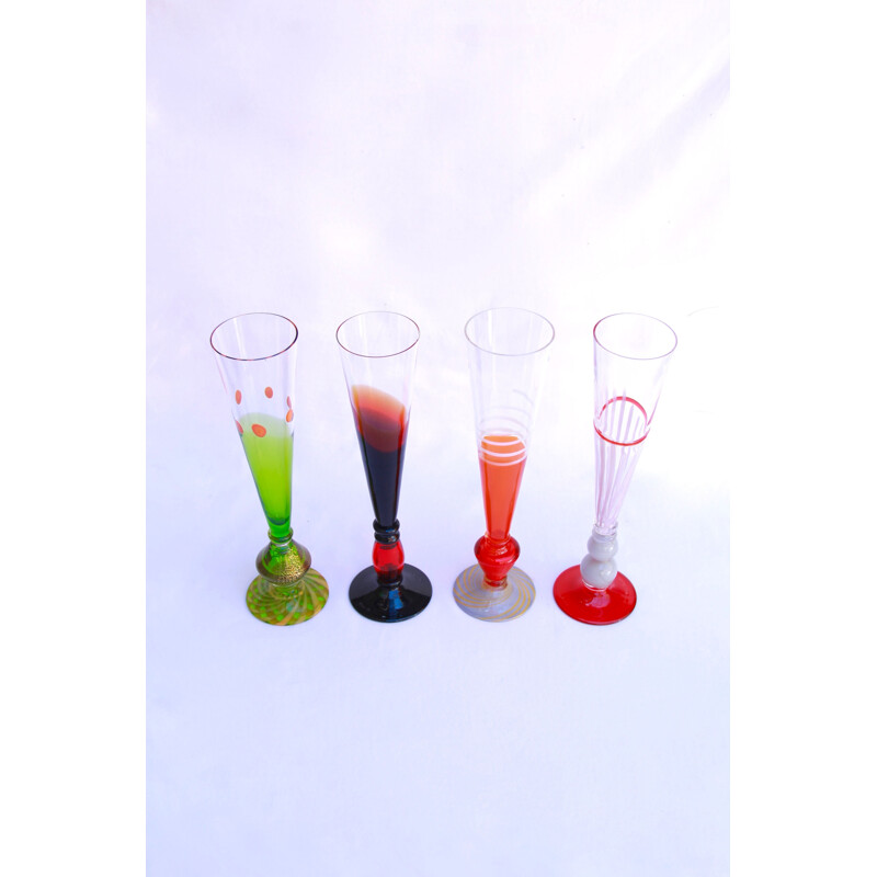 Set of 4 vintage Neon glasses from Murano by Carlo Moretti Italy 2004s