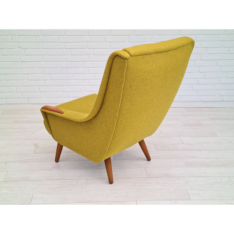 Fauteuil vintage en laine d'ameublement et en bois de teck restauré Danemark 1970