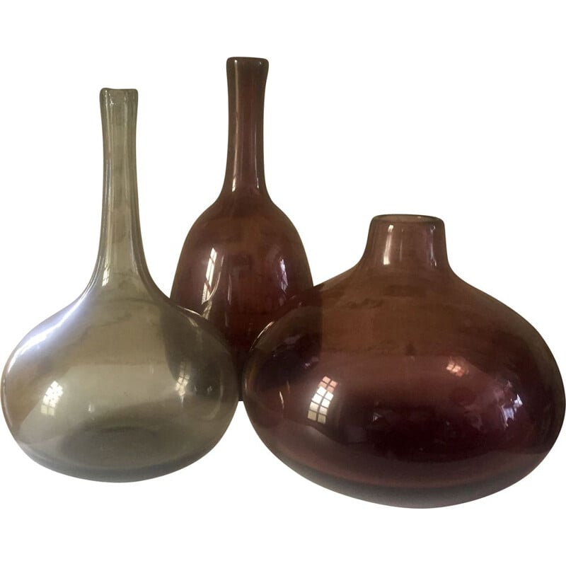 Set of 3 vintage blown glass bottles by Claude MORIN