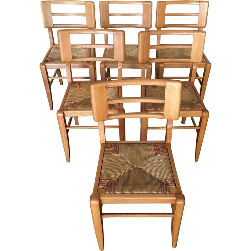 Série de 6 chaises vintage paillées par Pierre Cruege
