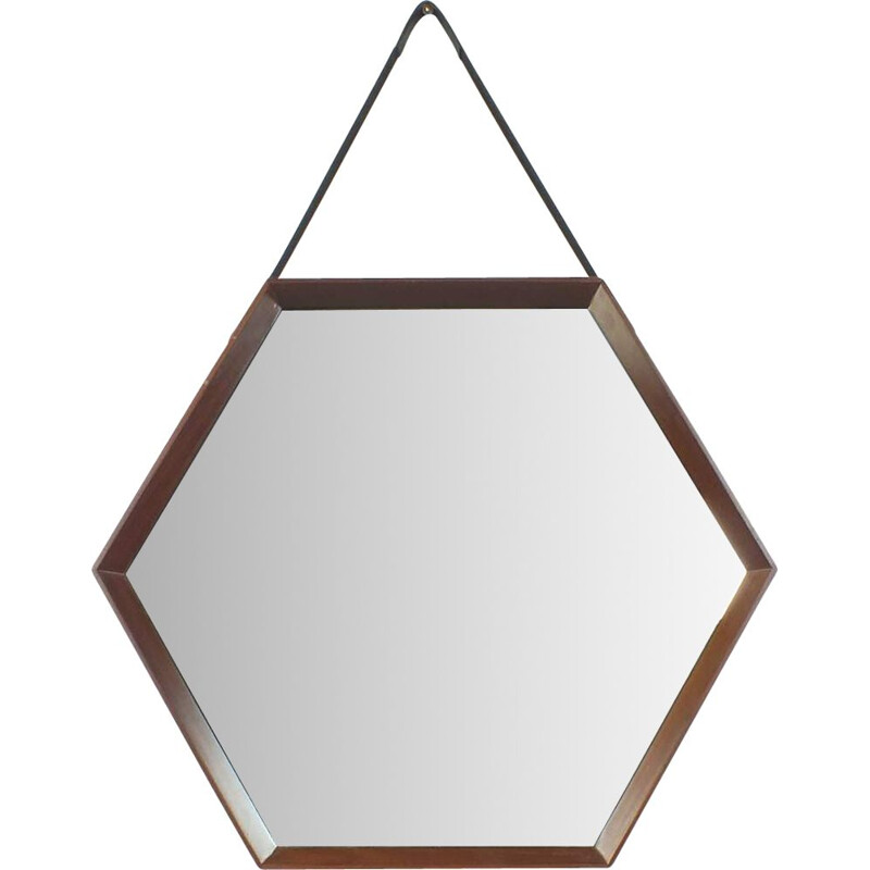 Vintage hexagonal mirror with wooden frame and leather strap Italy
