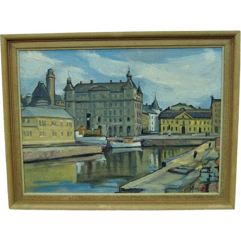 Paysage urbain de Stockholm vintage peinture à l'huile par Hjalmar Larsson Suède 1940