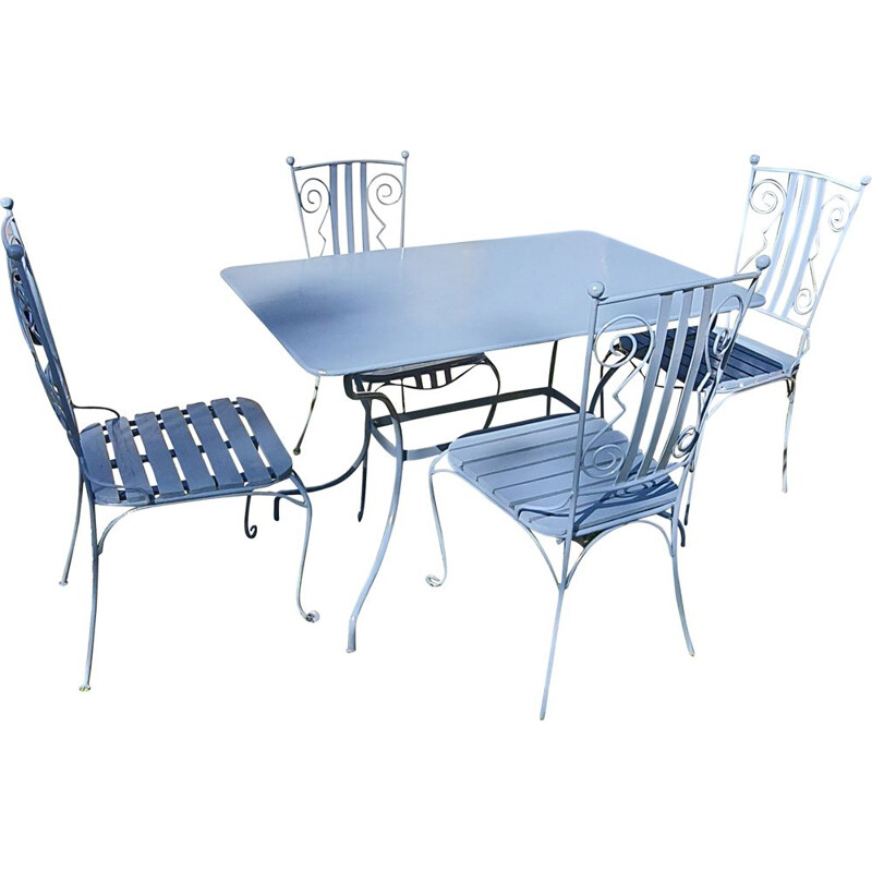 Ensemble de 4 chaises et table rectangulaire vintage en fer bleu