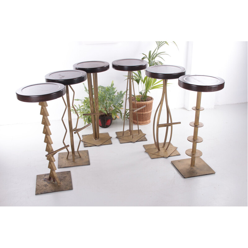 Set of 6 vintage brutalist metal bar stools 