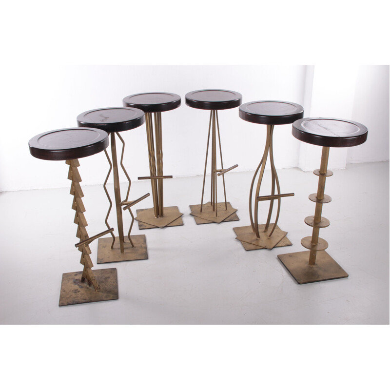 Set of 6 vintage brutalist metal bar stools 
