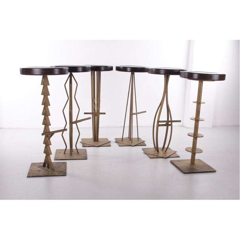 Set of 6 vintage brutalist metal bar stools 