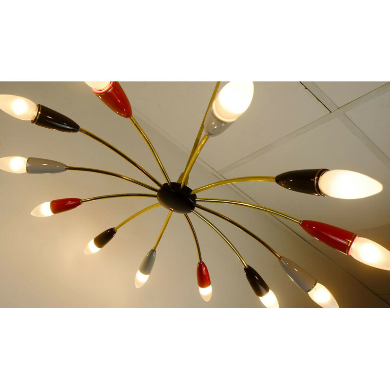 Vintage Sputnik chandelier in brass metal plastic stilnovo 1950s