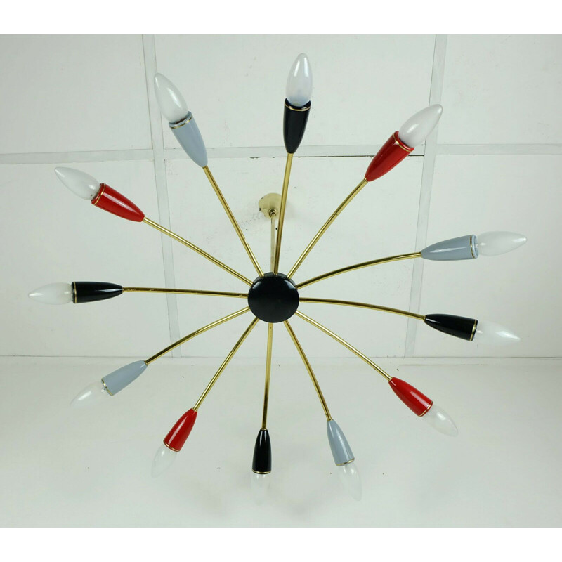 Vintage Sputnik chandelier in brass metal plastic stilnovo 1950s