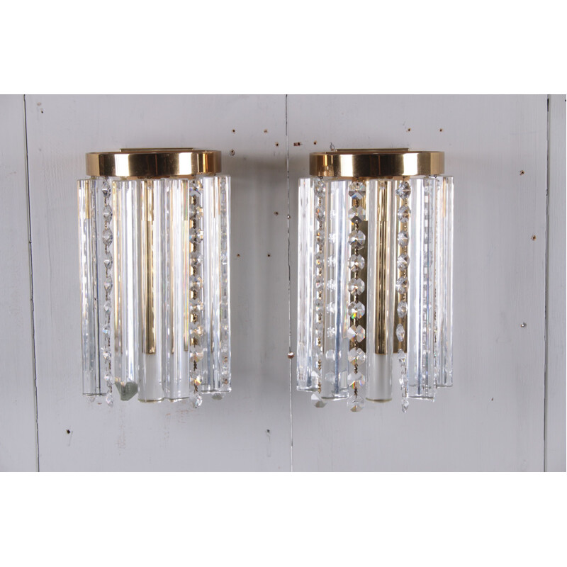 Pair of vintage glass and brass wall lamps Hollywood Regency 1970s
