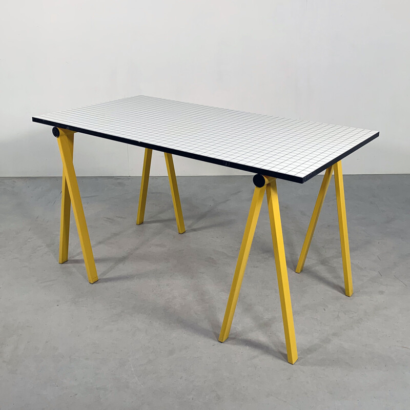 Vintage yellow trestle desk by Rodney Kinsman for Bieffeplast 1980s