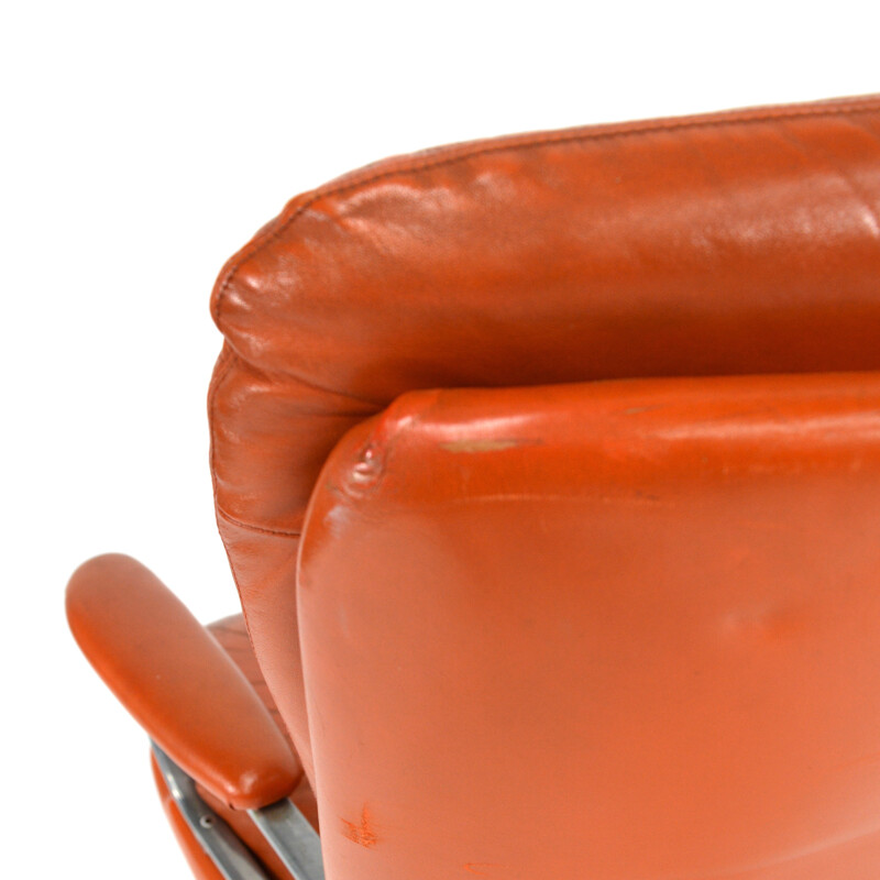 Strässle swivel desk chair in orange leather and aluminium, Andre VANDENBEUCK - 1960s