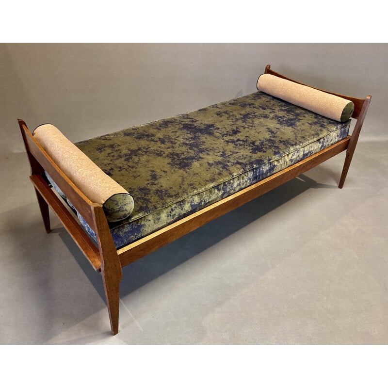 Vintage oak velvet and cork sofa bed 1950s