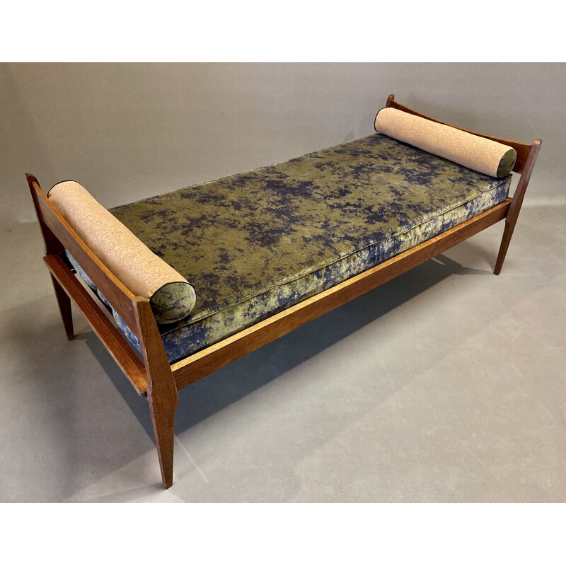 Vintage oak velvet and cork sofa bed 1950s