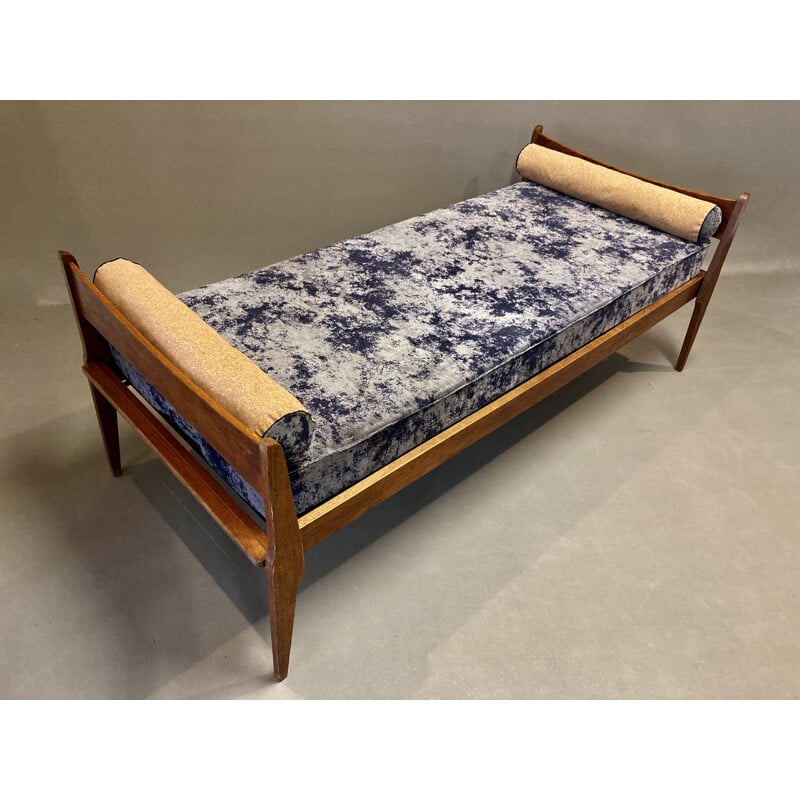 Canapé lit vintage en chêne velours et liège gris 1950