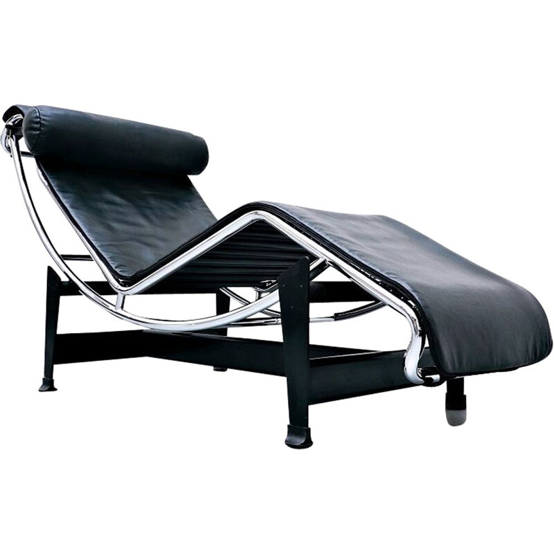 Chaise lounge vintage LC4 en cuir noir de Le Corbusier pour Cassina