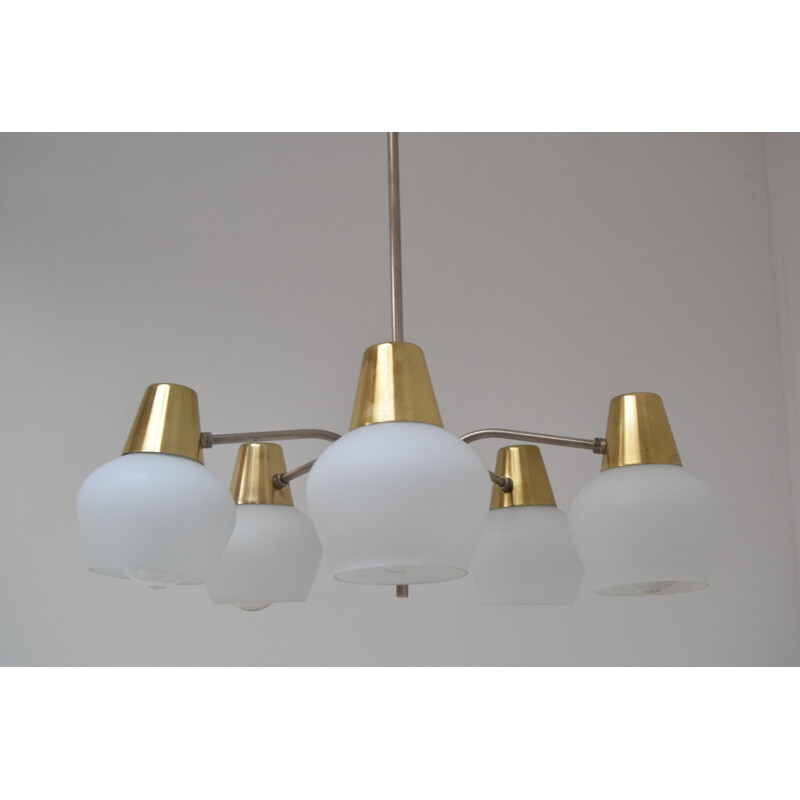 Vintage glass and brass chandelier by Kamenicky Senov, Czechoslovakia 1970