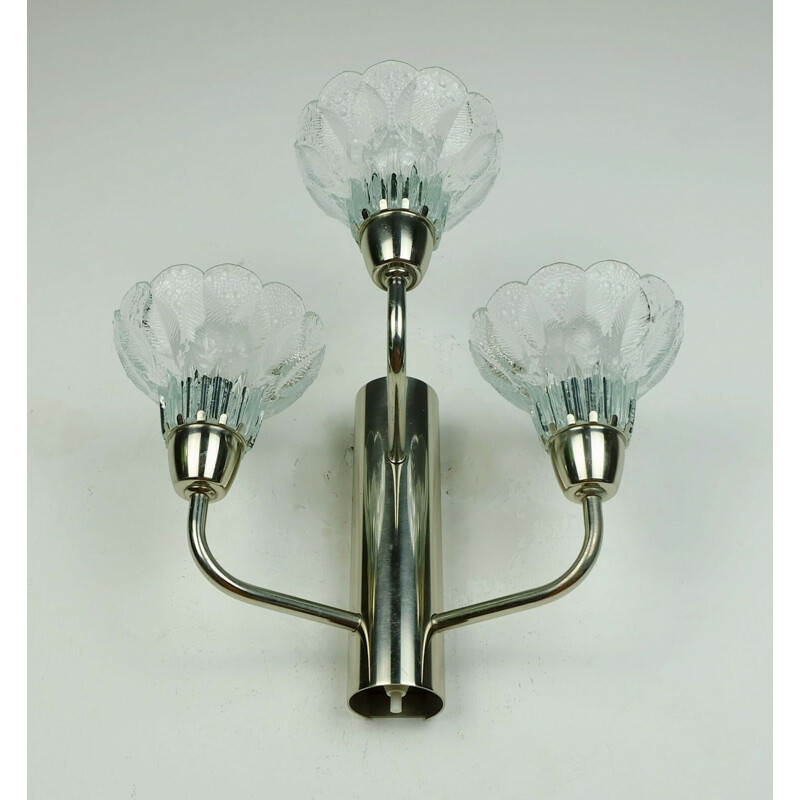 Vintage Sconce 3-light wall lamp with floral glass shade and chrome 1970s