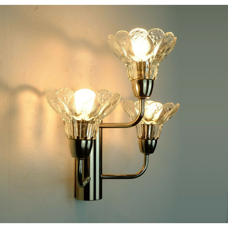 Vintage Sconce 3-light wall lamp with floral glass shade and chrome 1970s