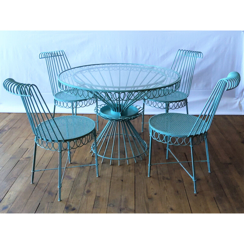 Set of 4 chairs and round vintage glass table Matégot 1950s