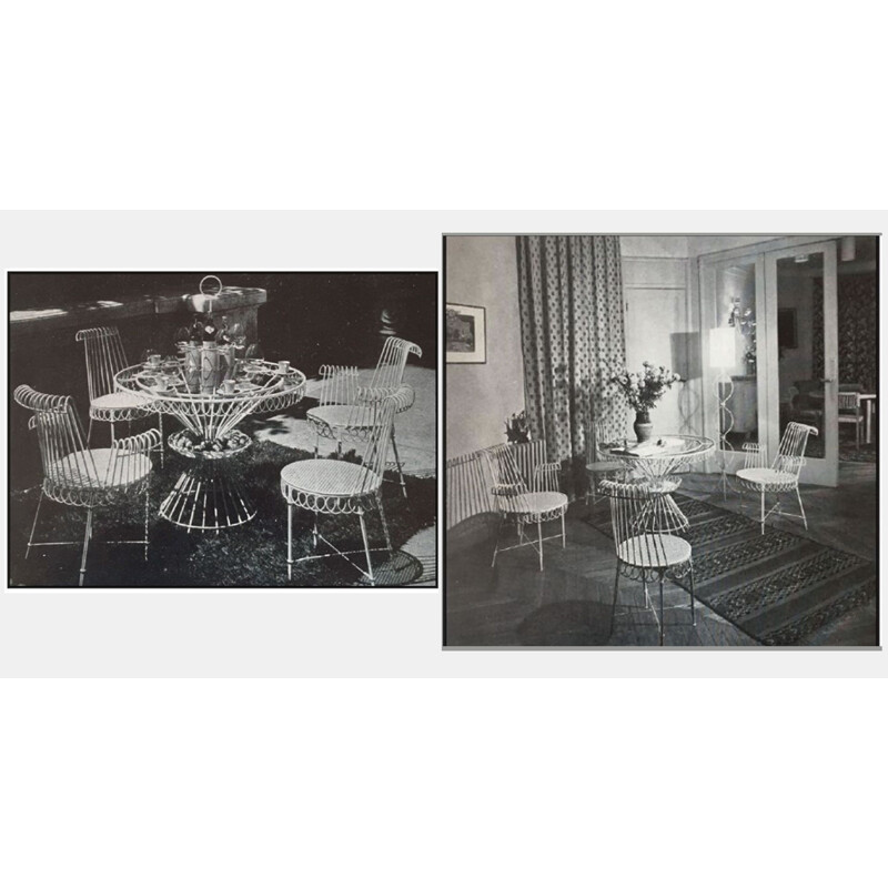 Ensemble de 4 chaises et table cap d'ail vintage ronde en verre Matégot 1950