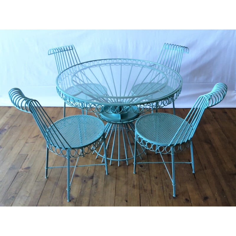 Ensemble de 4 chaises et table cap d'ail vintage ronde en verre Matégot 1950