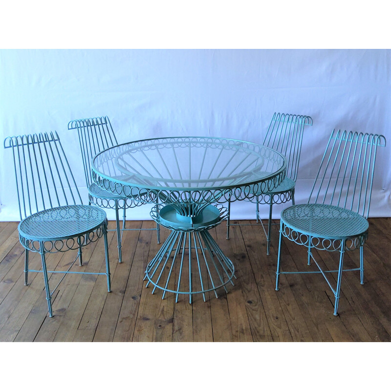 Set of 4 chairs and round vintage glass table Matégot 1950s