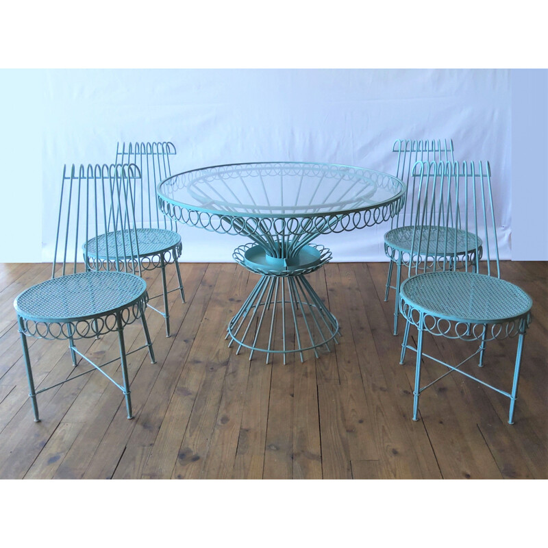 Set of 4 chairs and round vintage glass table Matégot 1950s