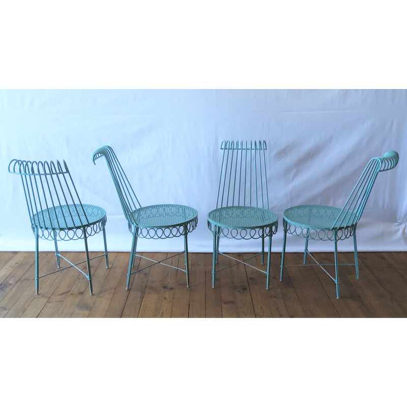 Set of 4 chairs and round vintage glass table Matégot 1950s