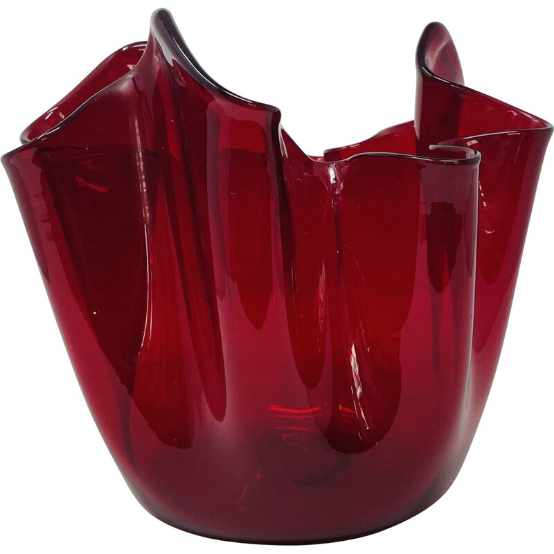 Vase Fazzoletto vintage en verre de Murano rouge par Fulvio Bianconi pour Venini 1950