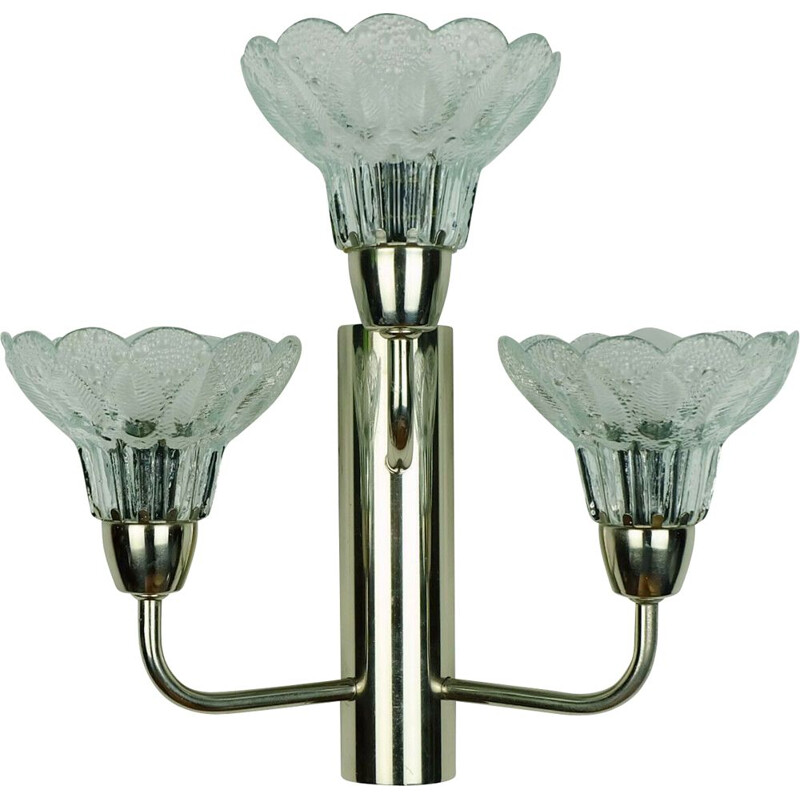 Applique Sconce vintage à 3 lampes avec abat-jour en verre fleuri et chrome 1970