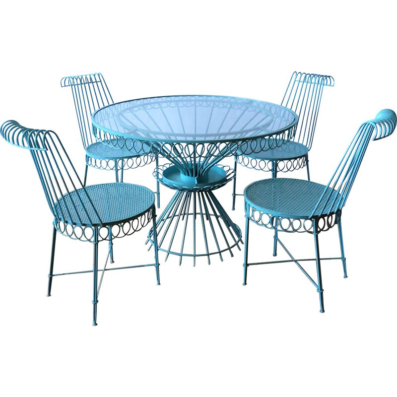 Set of 4 chairs and round vintage glass table Matégot 1950s