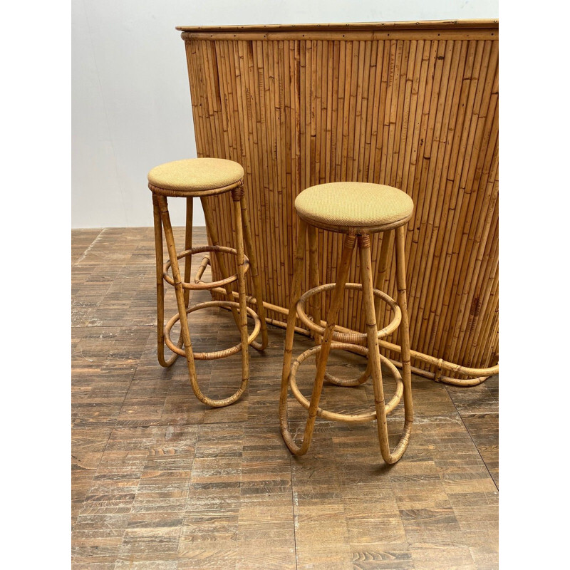 Set of 4 vintage bamboo stools and bar 1960s