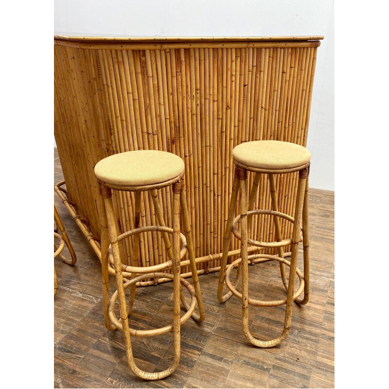 Set of 4 vintage bamboo stools and bar 1960s