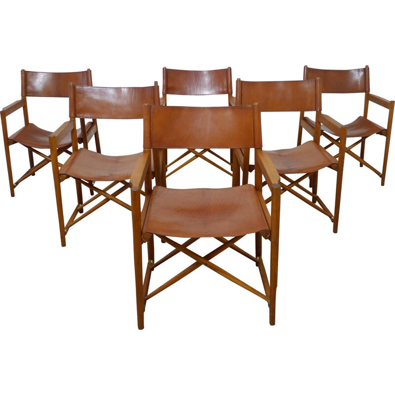 Set of six Danish "Safari" dining chairs in leather - 1940s