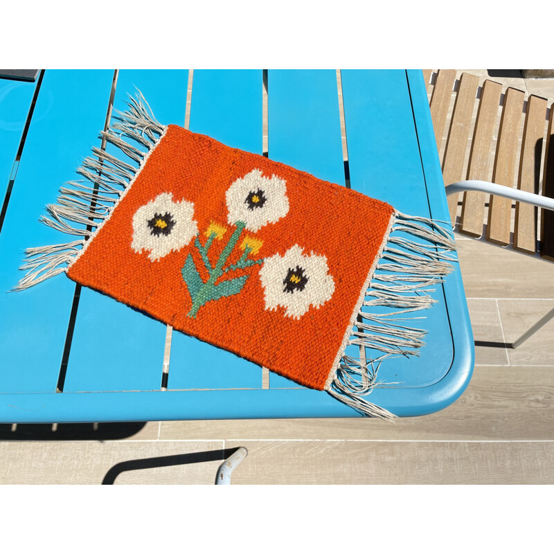 Mini tapis Rolakan vintage en laine décor Tulipes 46cm x 25cm 1970