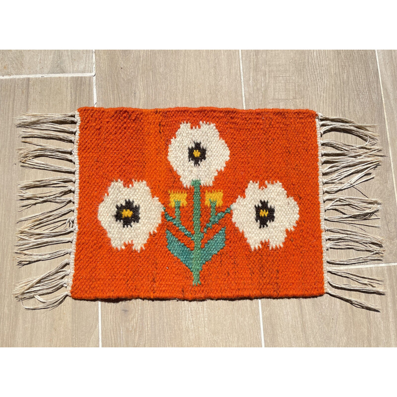 Mini tapis Rolakan vintage en laine décor Tulipes 46cm x 25cm 1970
