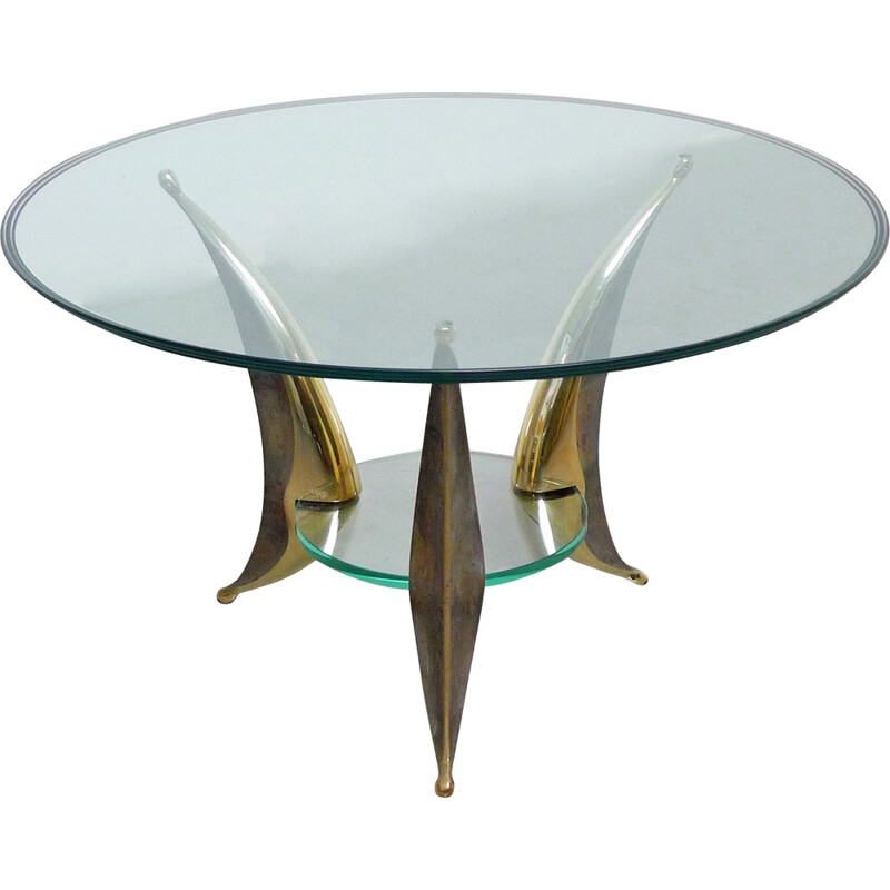 Italian sculptural coffee table with massive brass feet and two glass plates- 1950s