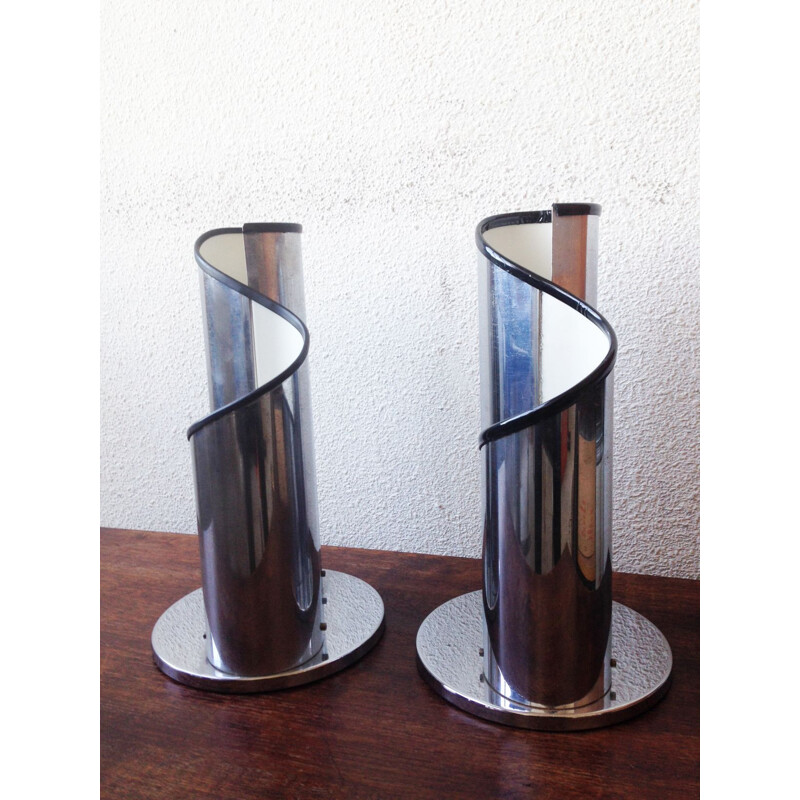 Paar vintage chromen stalen lampen van Mario Bellini voor Flos, Italië 1965