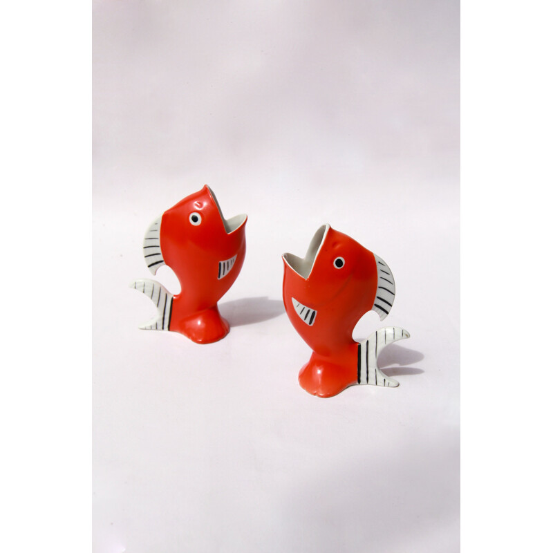 Pair of vintage PesciRossi fish in porcelain Italy 1940s
