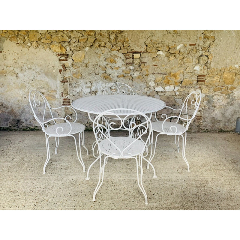 Set of 4 chairs and vintage garden table from Patio restored by Mathieu Matégot 1950s