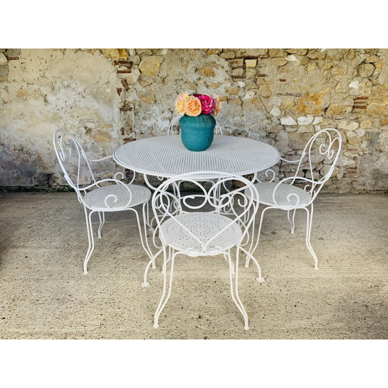 Set of 4 chairs and vintage garden table from Patio restored by Mathieu Matégot 1950s