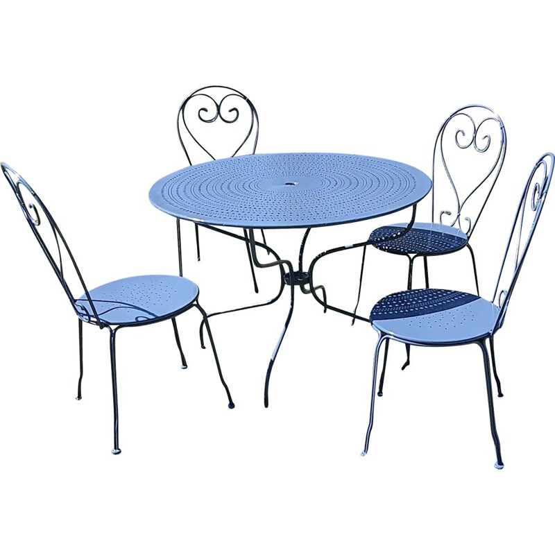 Set of 4 chairs and round vintage table in blue wrought iron 