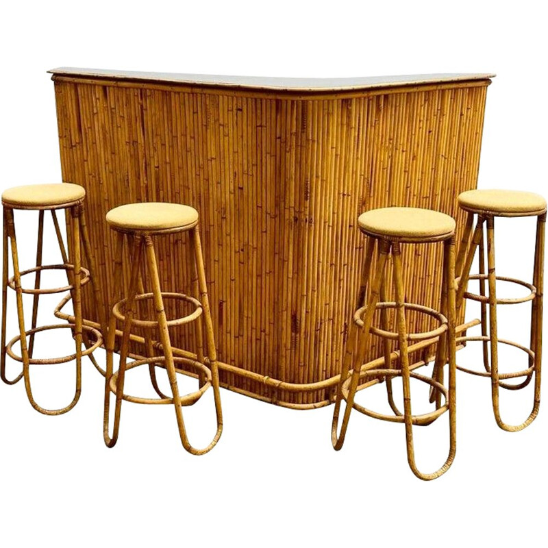 Ensemble de 4 tabourets et bar vintage en bambou 1960