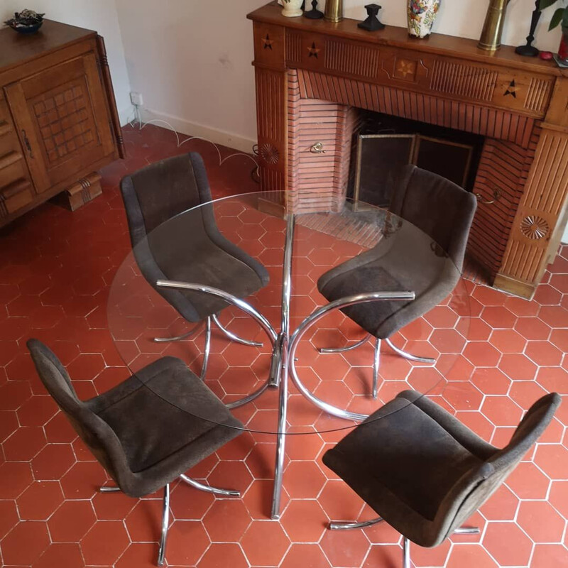 Set of 4 vintage chairs and table in chrome Italy 1970s